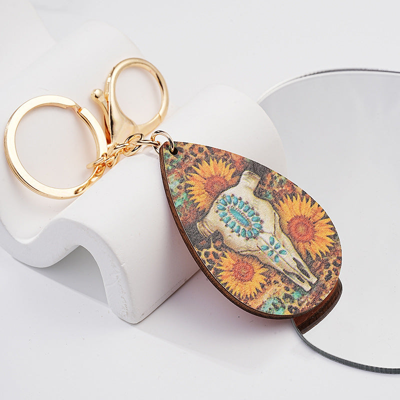 Sunflower Western Keychain Metal Cattle Skull Leopard Print Turquoise 2