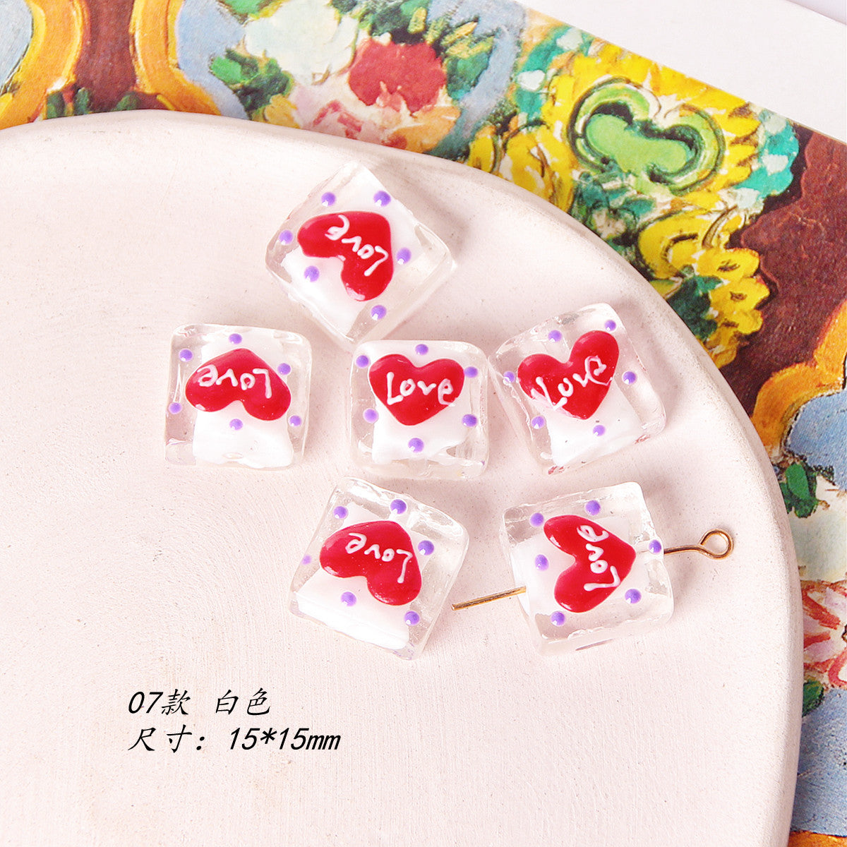 Lampwork Glass Beads Square 15mm Hand Painted Dotted Heart 10pcs 12