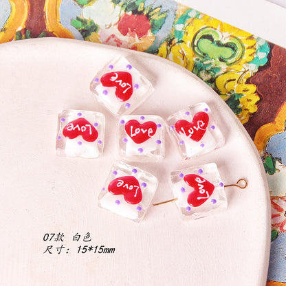Lampwork Glass Beads Square 15mm Hand Painted Dotted Heart 10pcs 12
