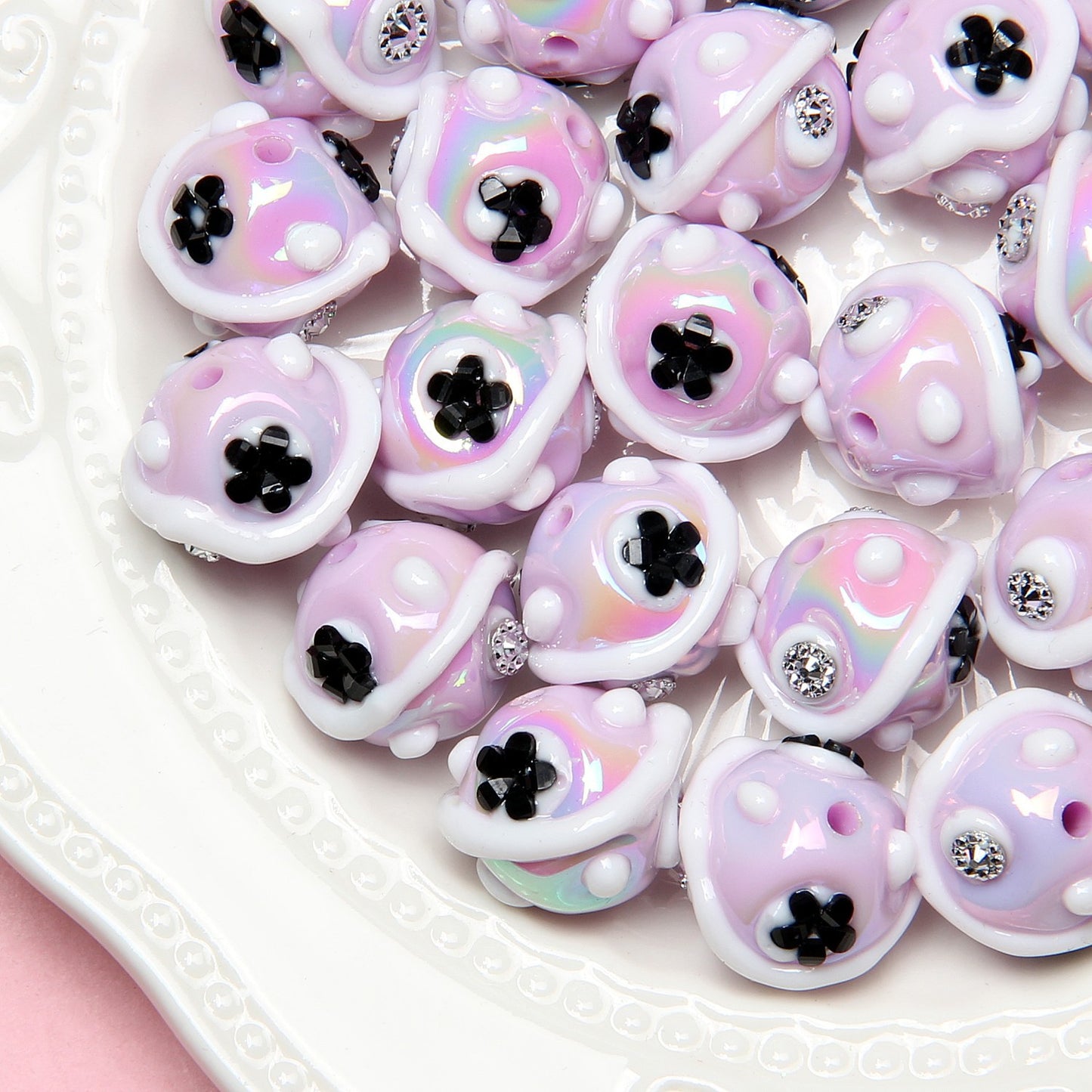 Painted Flower Acrylic Beads 16mm Round 14x18mm Square Purple Hand Painted 1pc 13