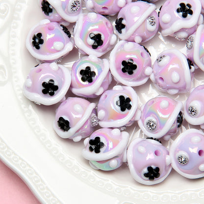 Painted Flower Acrylic Beads 16mm Round 14x18mm Square Purple Hand Painted 1pc 13