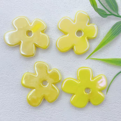Flat Five-petal Flower Ceramic Beads 36mm Colorful Glazed 10pcs 11