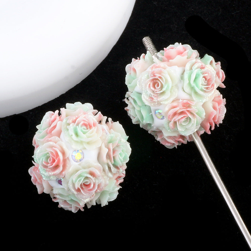 Glow In The Dark Rose Ball Polymer Clay Rhinestone Beads 21mm 6pcs 7