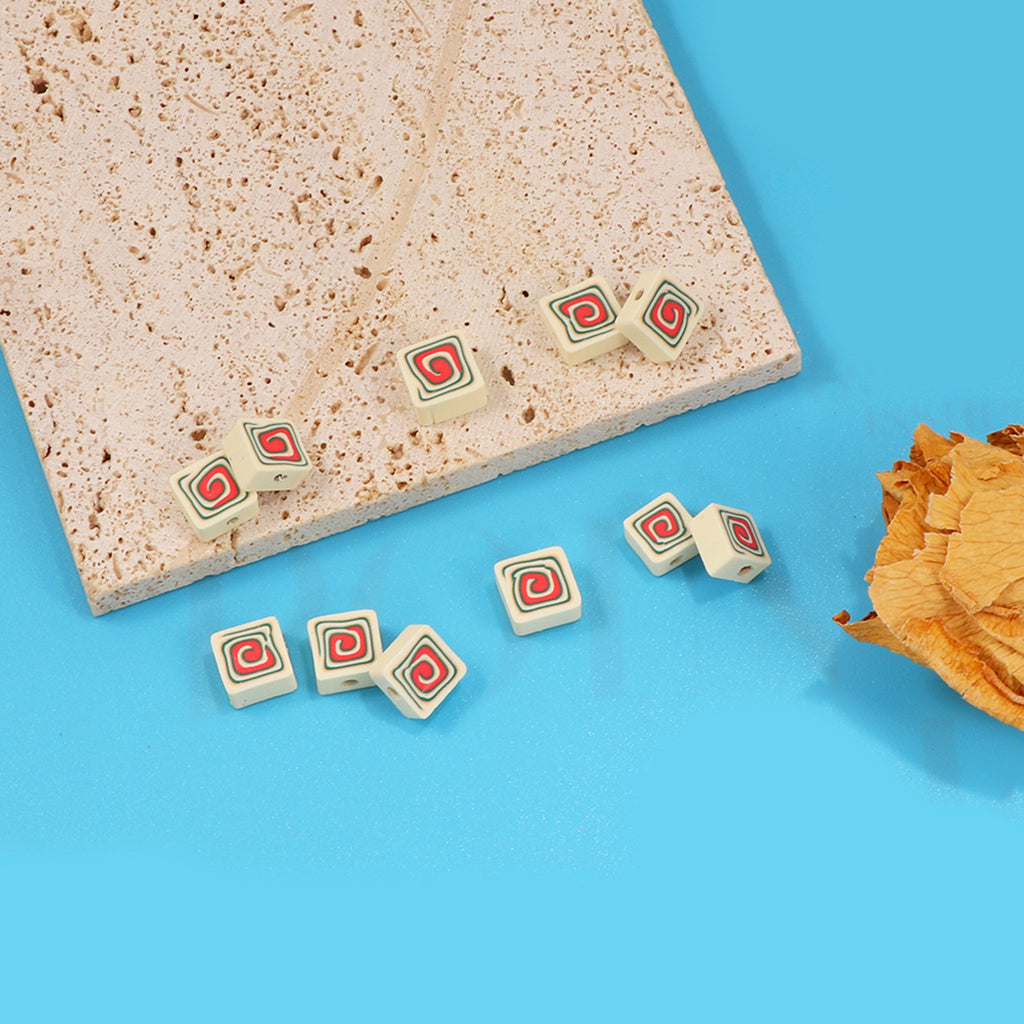 Square Clay Beads 9mm Spiral Pattern Coral Red Teal 100pcs 4