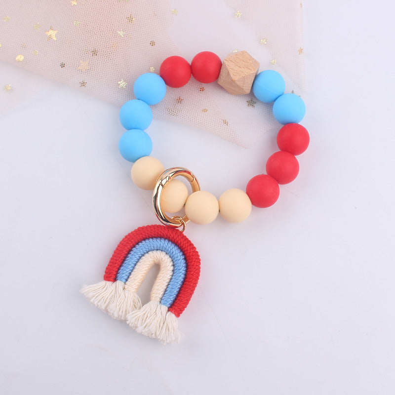 Rainbow Tassel Silicone Bead Wristlet Keychain Pastel Colors 10