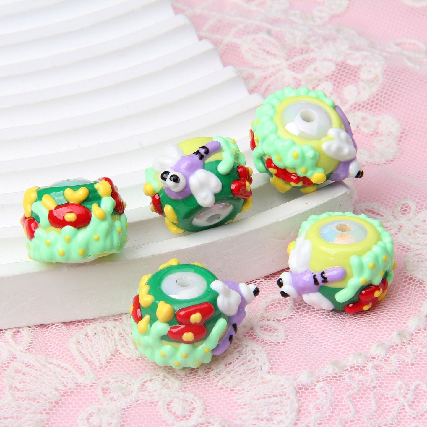 Hand Painted Animal Cream Cake Acrylic Beads 18-23mm Colorful 10pcs 23