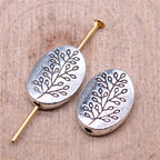 Oval Flat Metal Beads 14x10mm Silver Tone Branch Pattern 30pcs 2