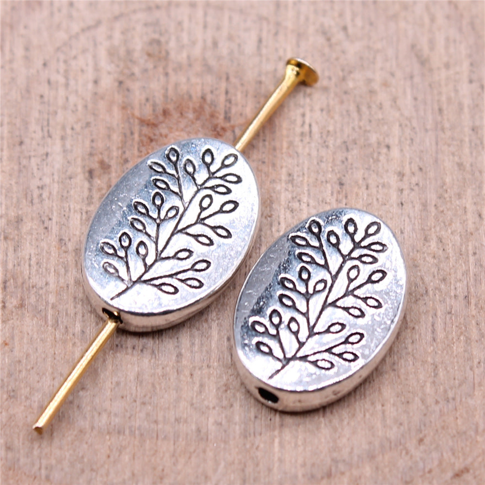 Oval Flat Metal Beads 14x10mm Silver Tone Branch Pattern 30pcs 2