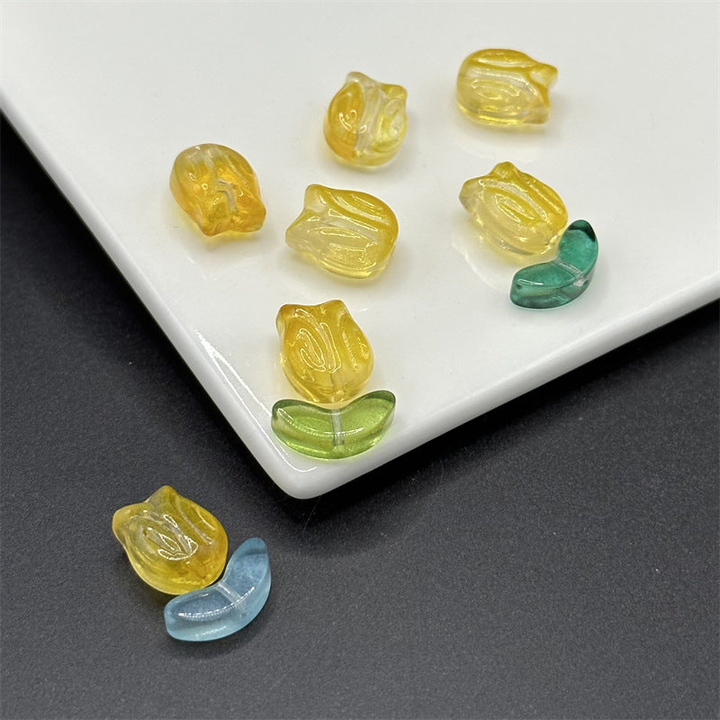 Tulip Transparent Glass Beads 12mm Pink Green Floral 100pcs 9