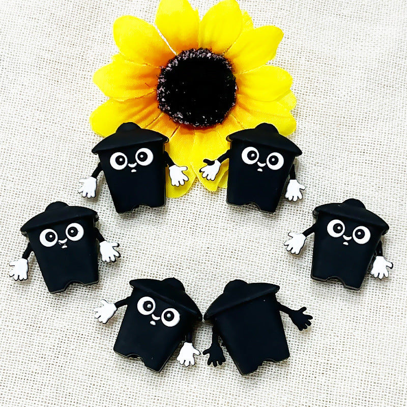 Silicone 3D Focal Beads Black Trash Can Glossy Finish Playful Eyes 4