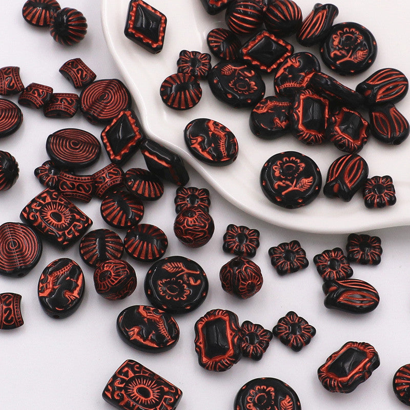 Painted Acrylic Beads Black Red Series Carved Patterns 100pcs