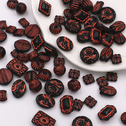 Painted Acrylic Beads Black Red Series Carved Patterns 100pcs