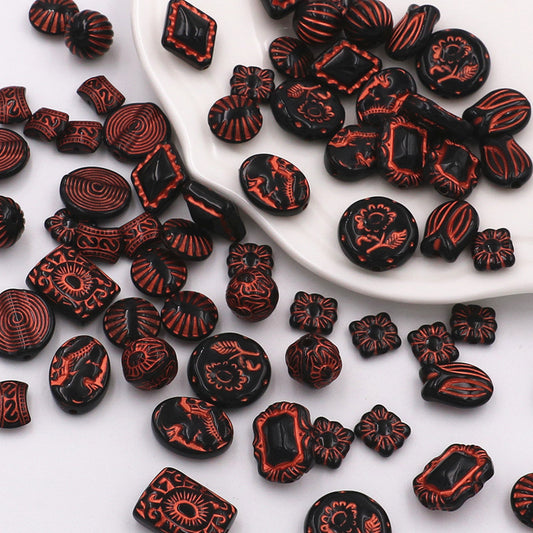 Painted Acrylic Beads Black Red Series Carved Patterns 100pcs