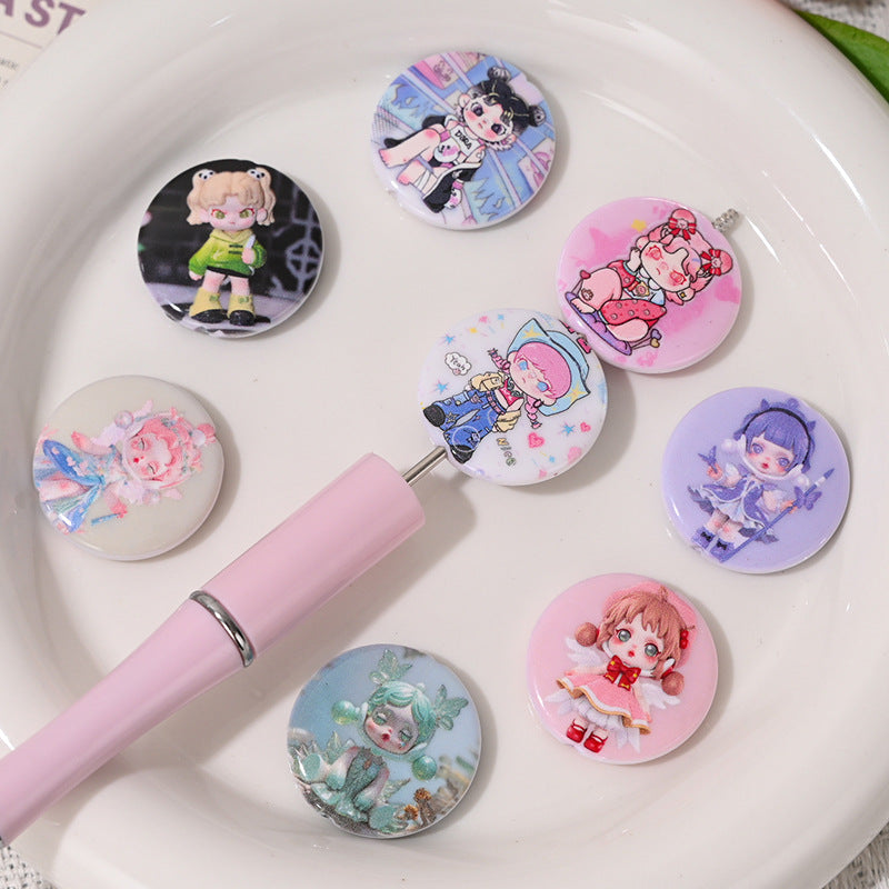 Cartoon Girl Pattern Acrylic Flat Beads 25mm Colorful Mixed 10pcs