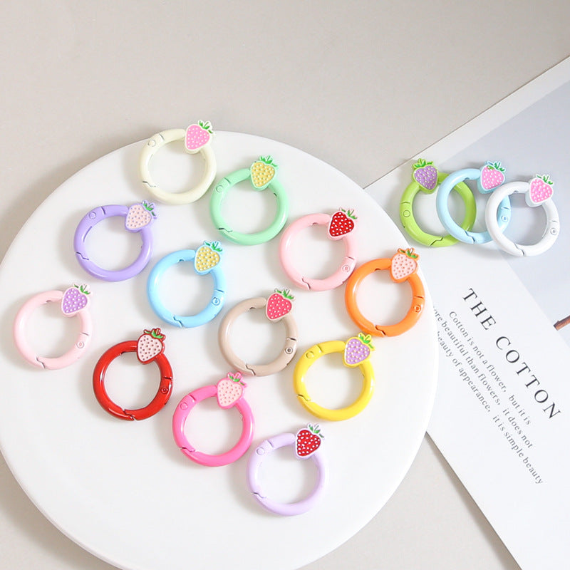 Strawberry Painted Circle Zinc Alloy Trigger Spring Keyrings 6pcs 32mm 5