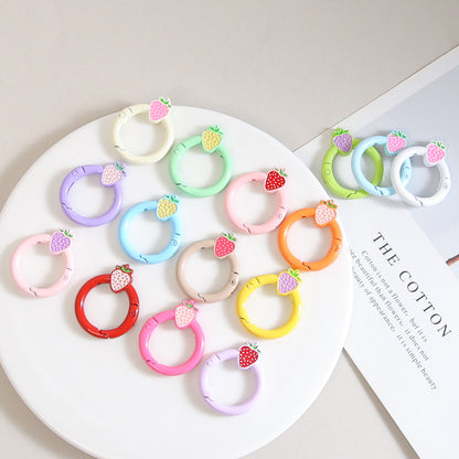 Strawberry Painted Circle Zinc Alloy Trigger Spring Keyrings 6pcs 32mm 5