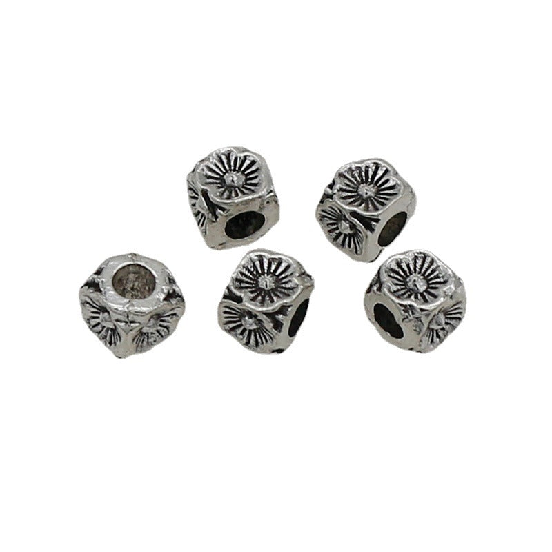 Square Metal Beads 5/8mm Tibetan Four-Sided Flower Antique Silver Tone 5