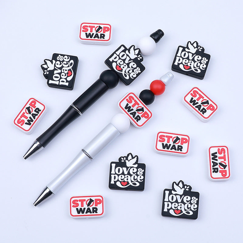 Silicone Focal Beads Love Peace STOP WAR Phrase and Dove Heart 20pcs 4