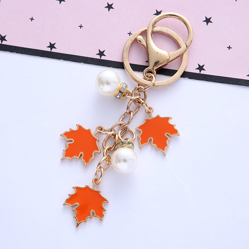 Alloy Maple Leaf Keychain with Faux Pearl Gold Tone 12