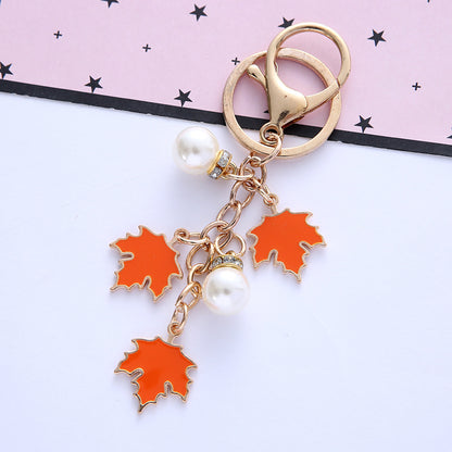 Alloy Maple Leaf Keychain with Faux Pearl Gold Tone 12