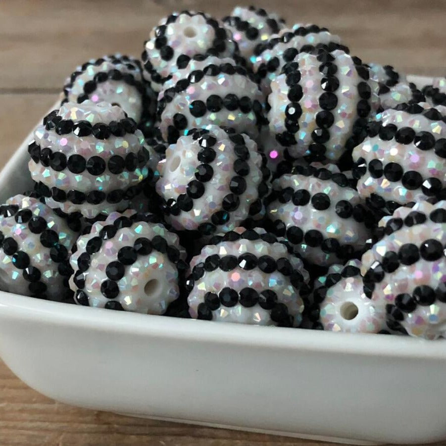 Striped Rhinestone Bubblegum Beads 16-22mm Black and White Resin 5pcs 2