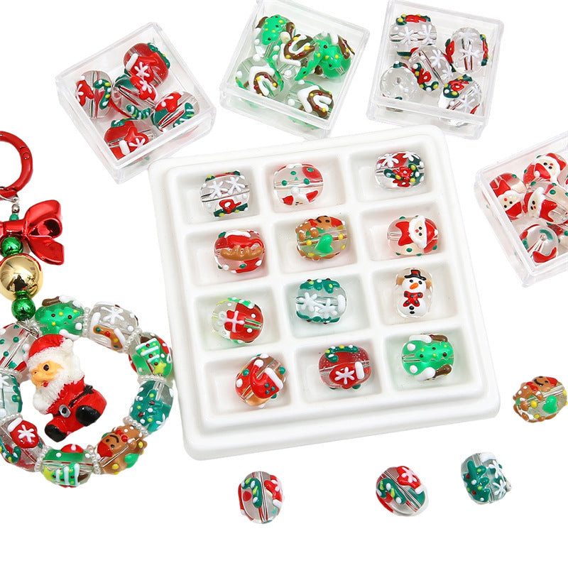 Hand Painted Transparent Glass Beads 14mm Christmas Motifs 10pcs 2