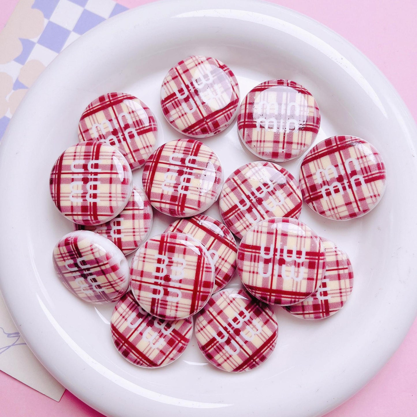 Flat Acrylic Beads 27mm Plaid Pattern Brand Logo Printed 5pcs 8