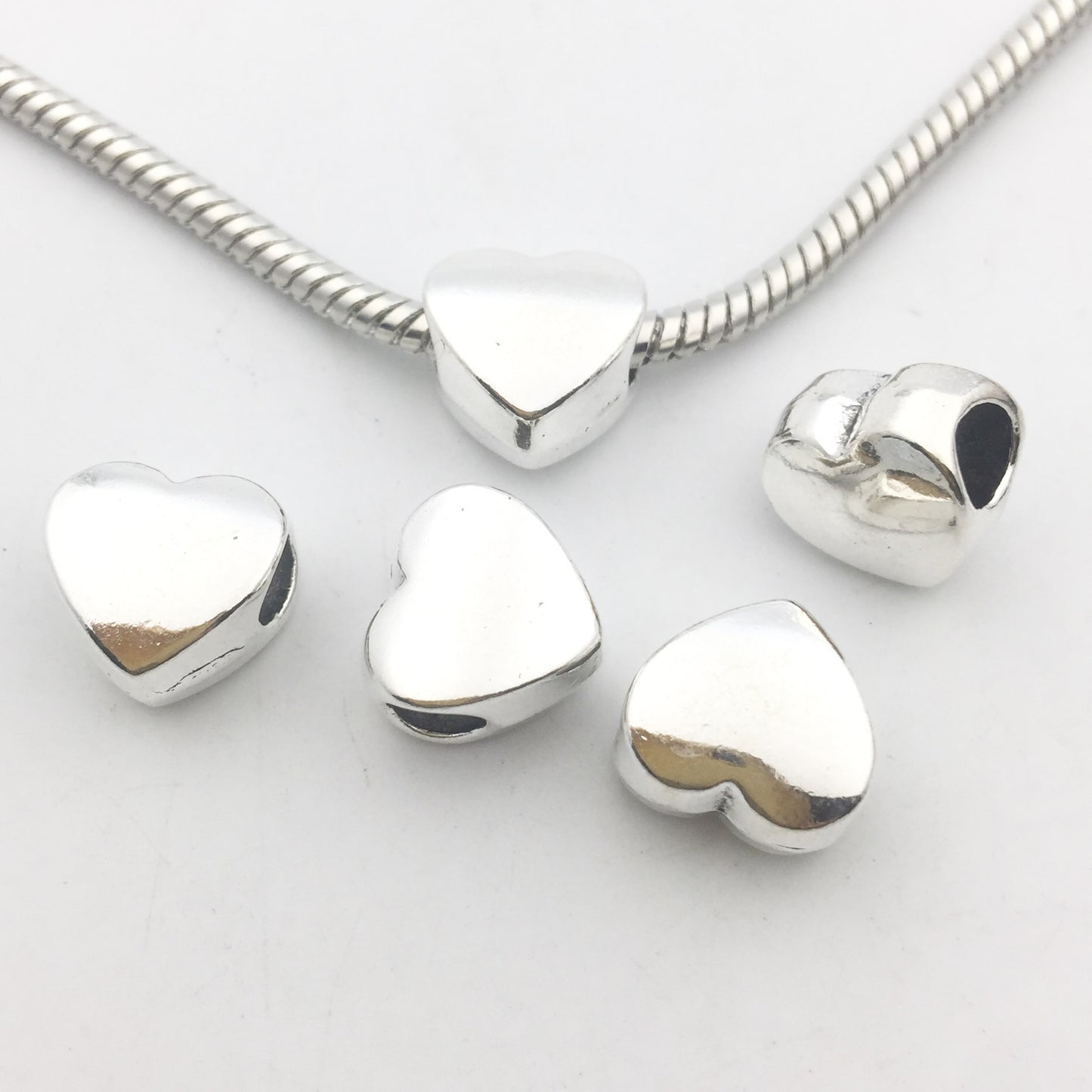 Heart Metal Beads Large Hole Metallic Silver Tone 30pcs 15