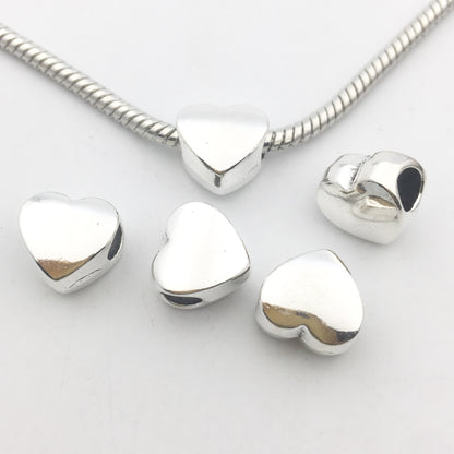 Heart Metal Beads Large Hole Metallic Silver Tone 30pcs 15
