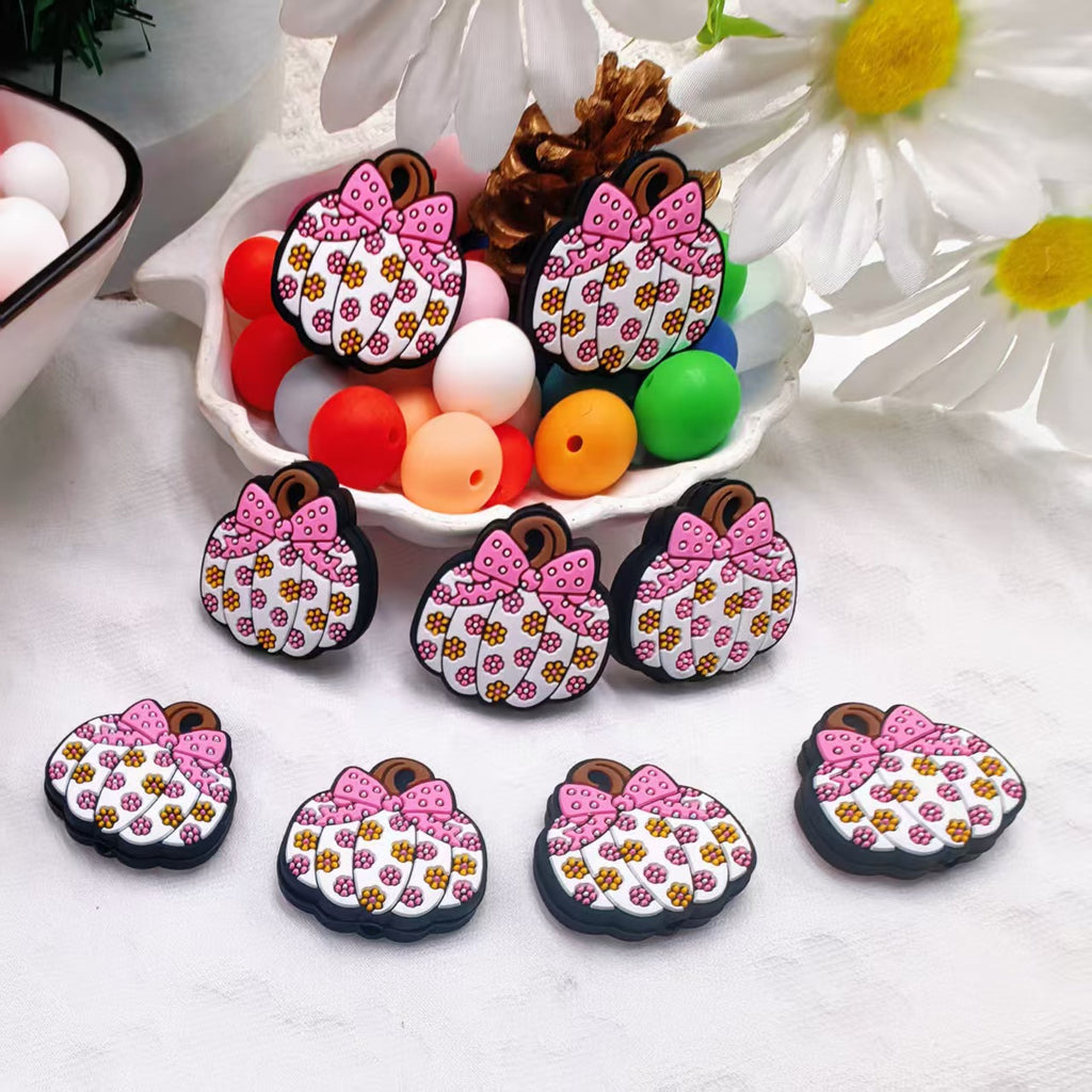 Silicone Focal Beads Pumpkin with Floral Bow 20pcs 2
