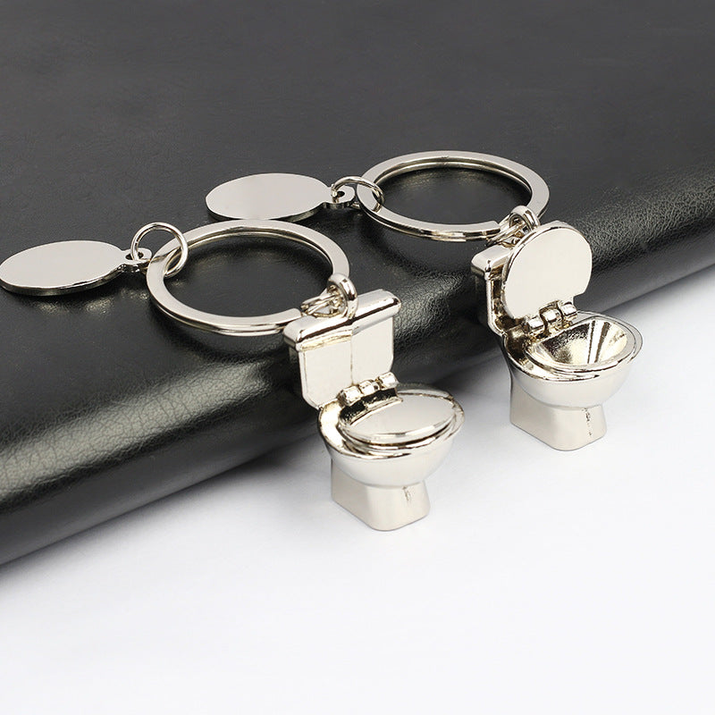 Mini Toilet Keychain Zinc Alloy Metal Silver Hinged Lid