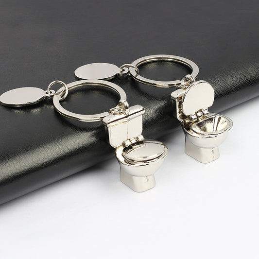 Mini Toilet Keychain Zinc Alloy Metal Silver Hinged Lid