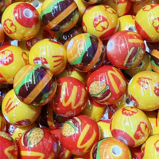 Painted Round Acrylic Beads 16mm McDonald Hamburger Design 100pcs