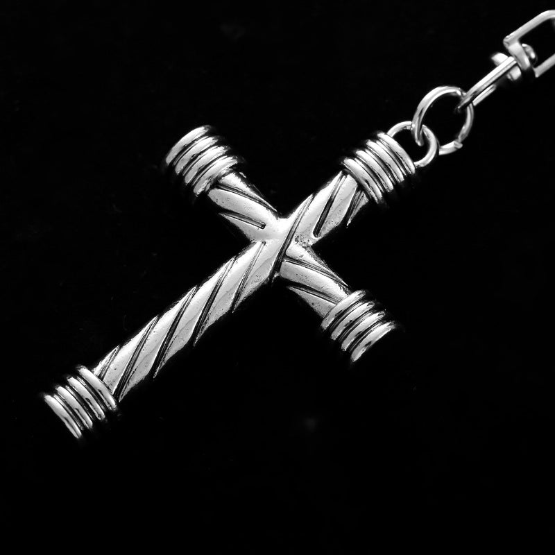 Stainless Steel Cross Keychain Textured Twist Design Polished Silver 2