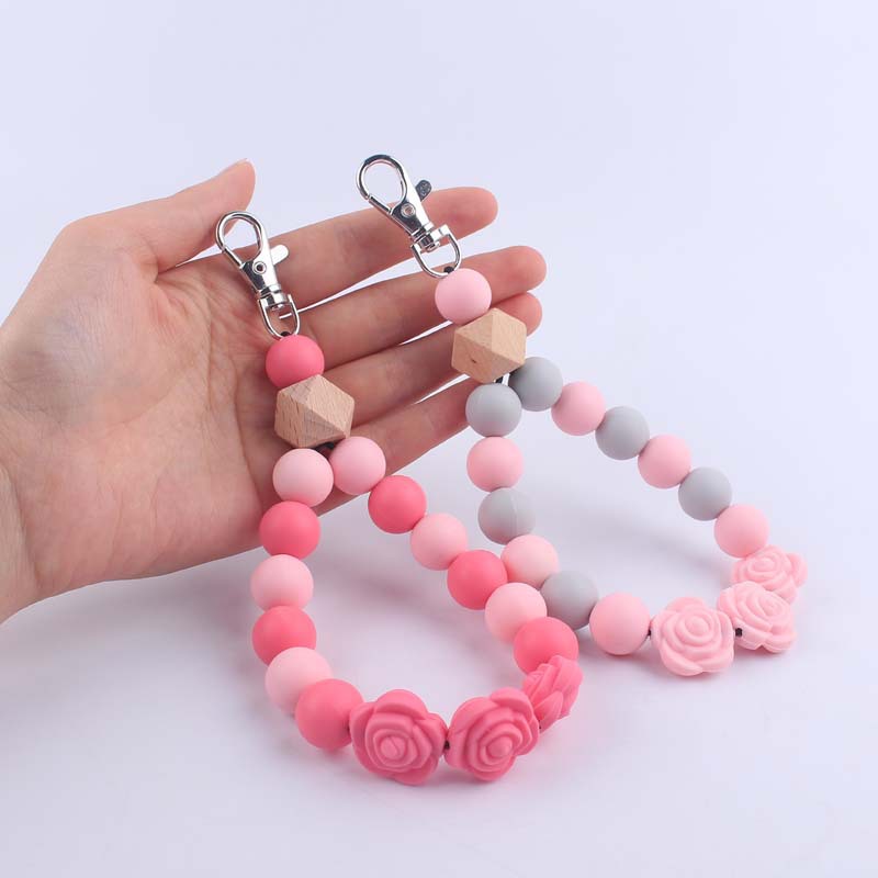 Rose Silicone Bead Wristlet Keychain Floral Charm Pastel Colors 3