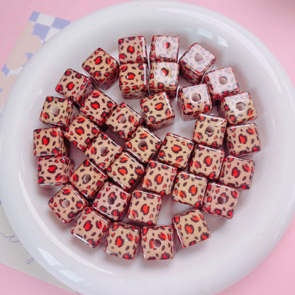 Leopard Bow Print Acrylic Square Beads 14mm Colorful Glossy 10pcs 7