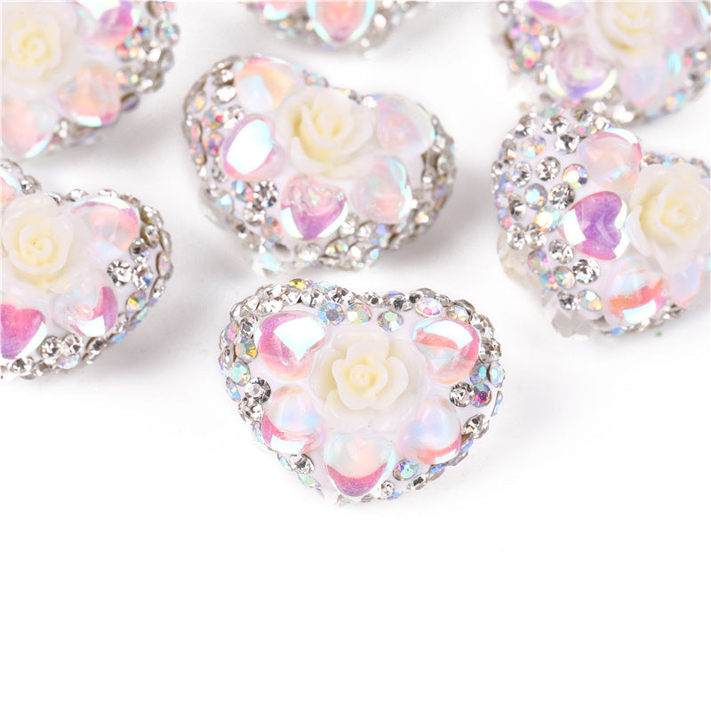Rhinestone Heart Clay Beads 23mm Peach Blossoming Rose 10pcs 9