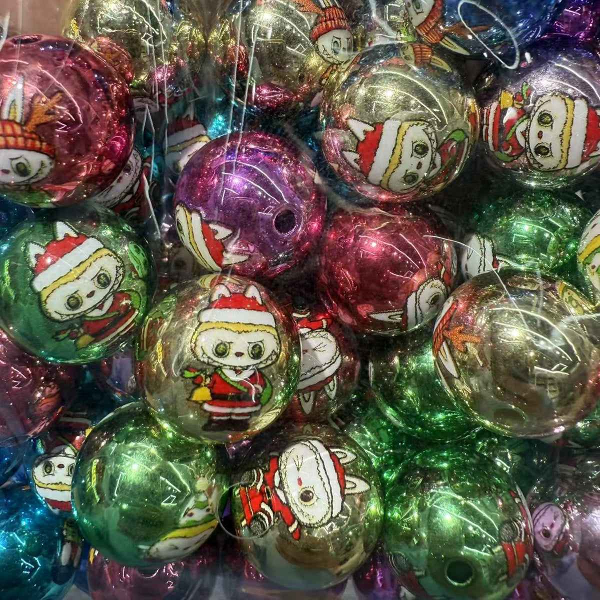 Plating Metallic Christmas Acrylic Beads 16mm Labub Printed 100pcs