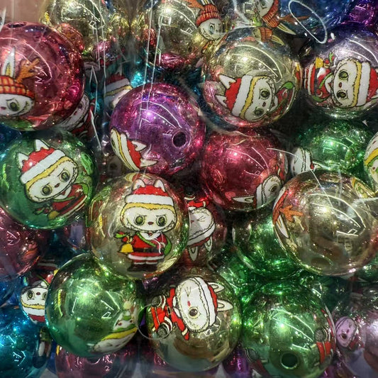 Plating Metallic Christmas Acrylic Beads 16mm Labub Printed 100pcs