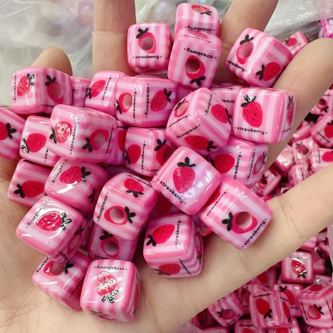 Pink Strawberry Printed Acrylic Square Beads 14mm 50pcs 2