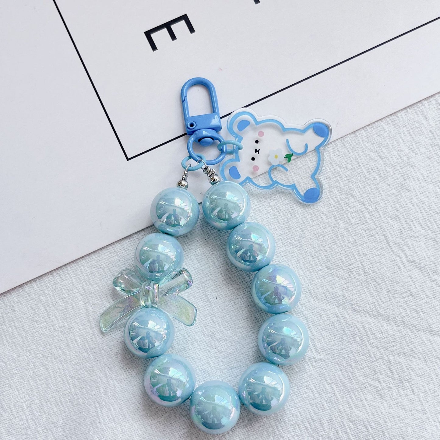 Acrylic Beaded Rabbit and Bear Keychain with Translucent Bow Charm 13