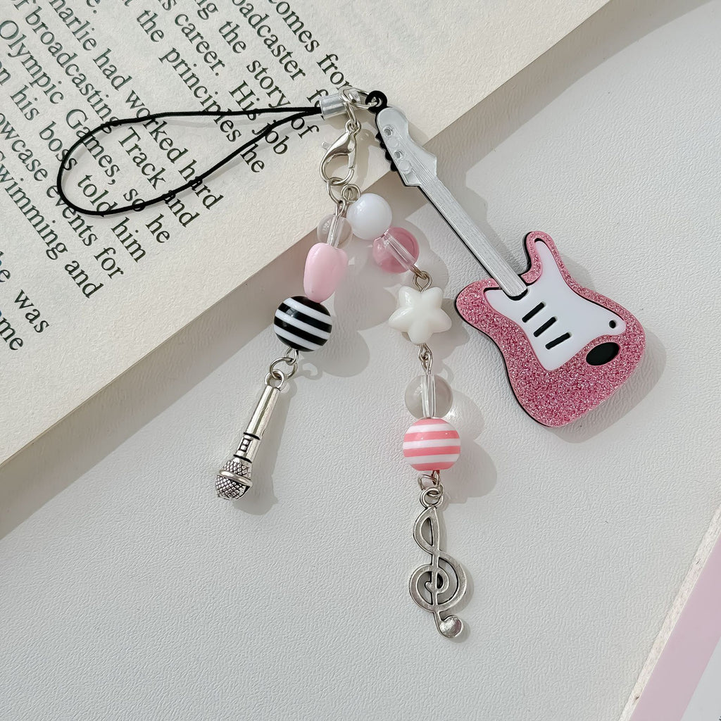 Pink Glitter Guitar Resin Phone Charm with Pastel Hearts and Mic 2pcs 3