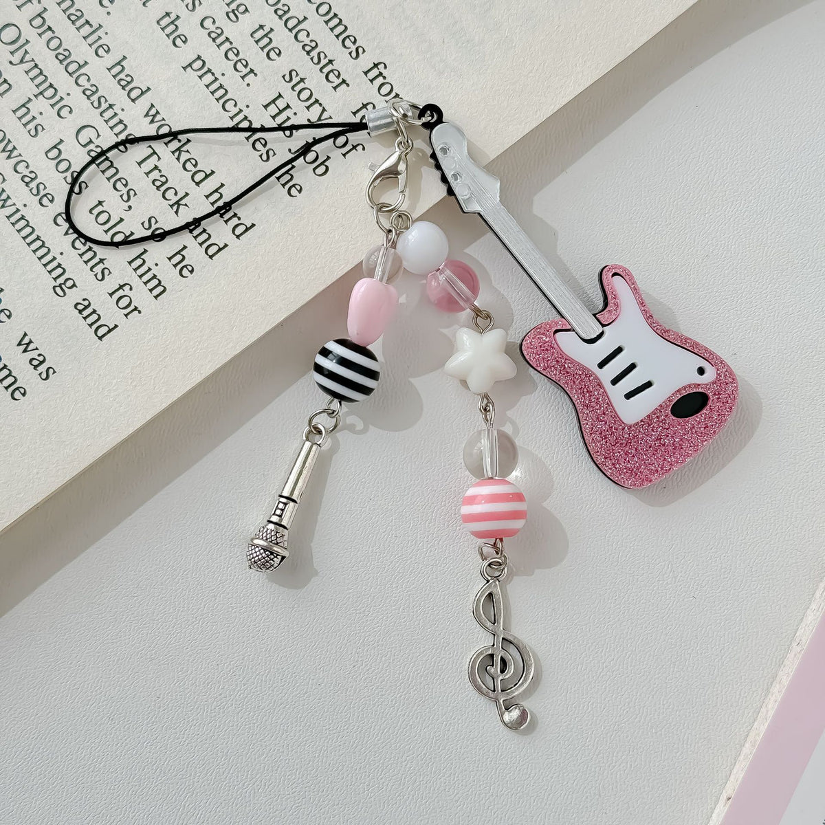 Pink Glitter Guitar Resin Phone Charm with Pastel Hearts and Mic 2pcs 3
