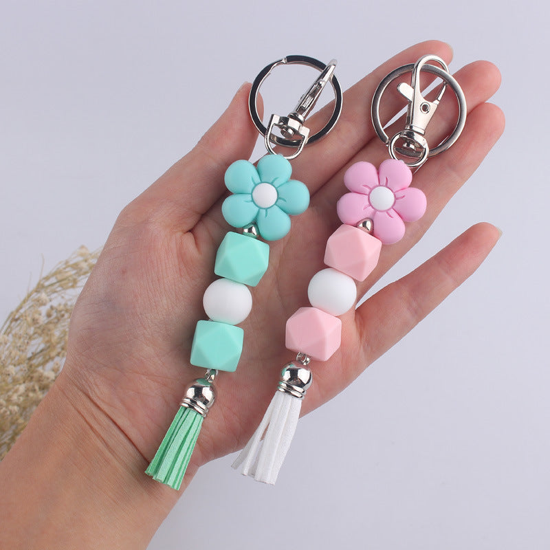 Flower Silicone Bead Keychain Colorful Floral Tassel Charm 3