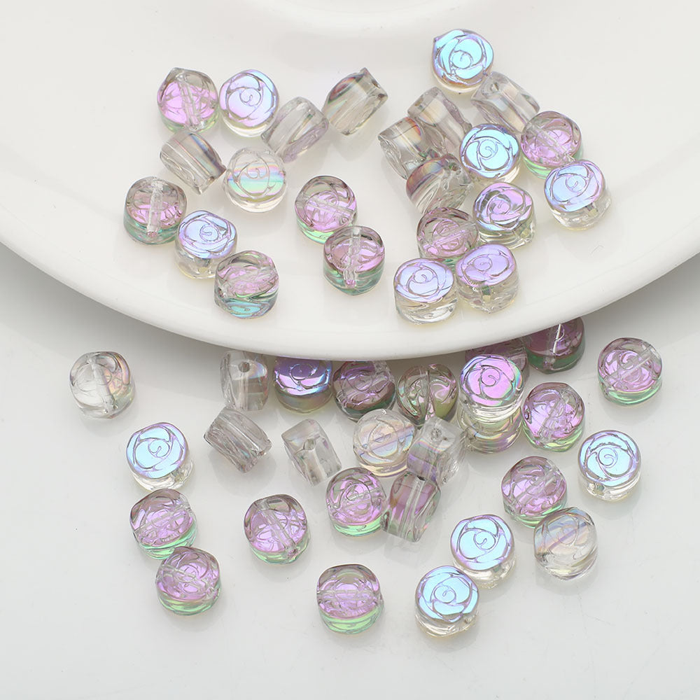 Flat Rose Glass Beads 6mm Iridescent Plating Floral Cube 50pcs 9