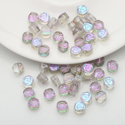 Flat Rose Glass Beads 6mm Iridescent Plating Floral Cube 50pcs 9