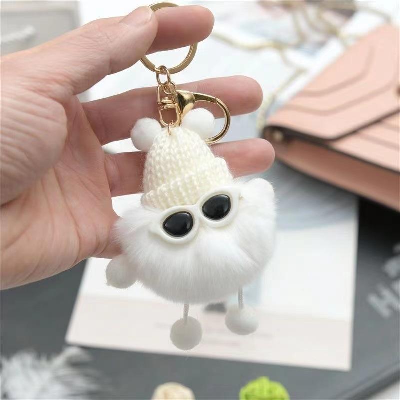Fluffy Pom Pom Monster Doll Keychain with Sunglasses and Knitted Hat 6