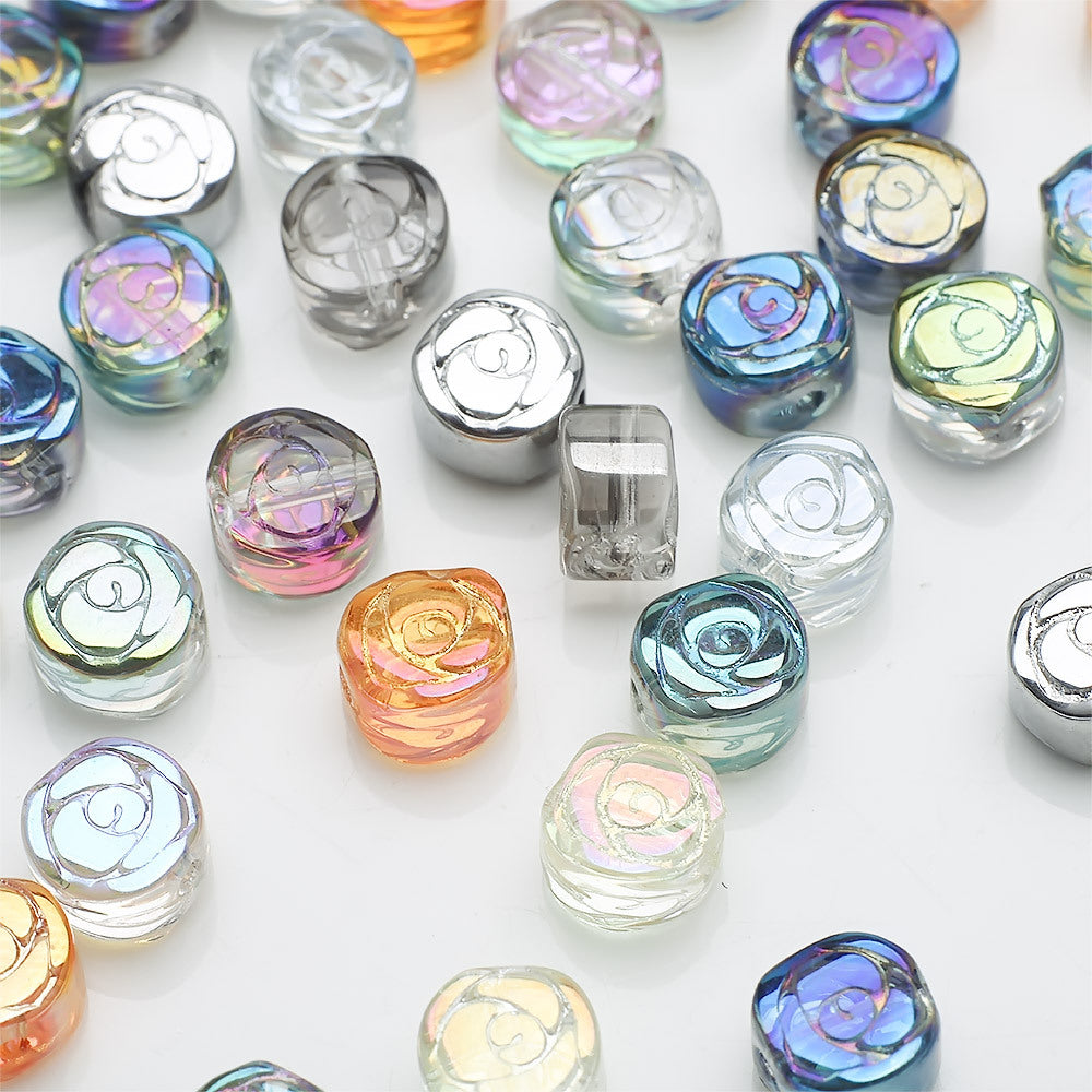 Flat Rose Glass Beads 6mm Iridescent Plating Floral Cube 50pcs