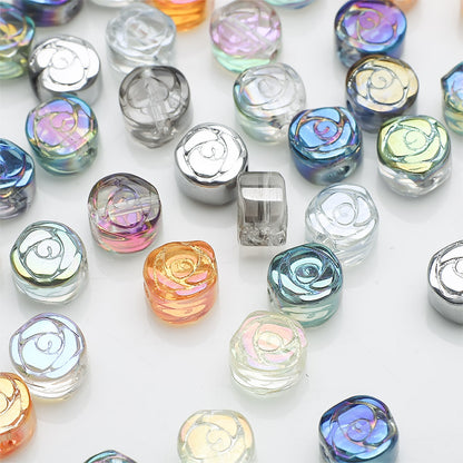 Flat Rose Glass Beads 6mm Iridescent Plating Floral Cube 50pcs