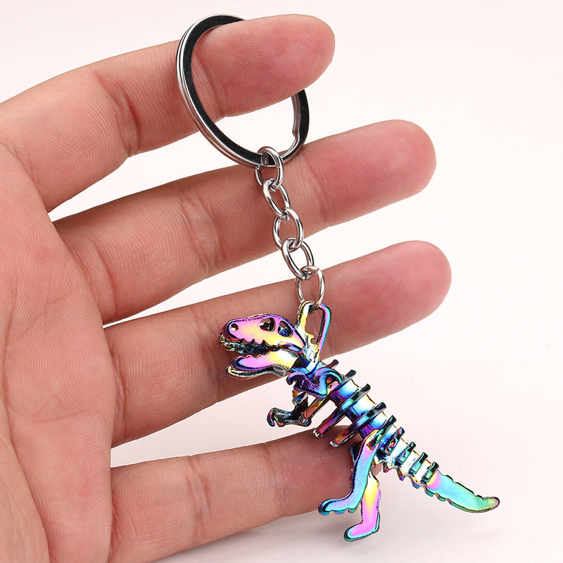 Alloy Colorful Dinosaur Keychain Metallic Rainbow Skeleton Design 3